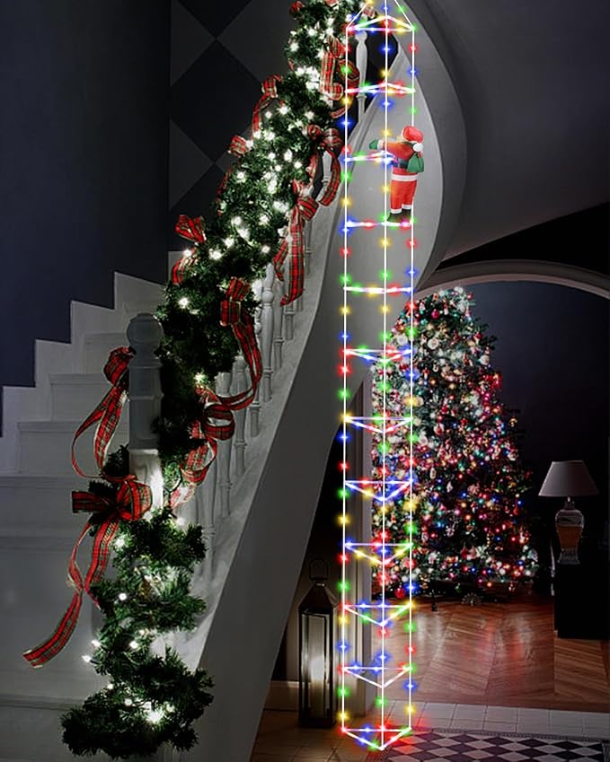 Christmas Decorations Lights Outdoor 9.8ft 3D Christmas Triangle Ladder Lights with Santa Claus Waterproof LED Christmas Lights with 8 Modes for Wall Home Garden Xmas Party Indoor Outdoor Decor