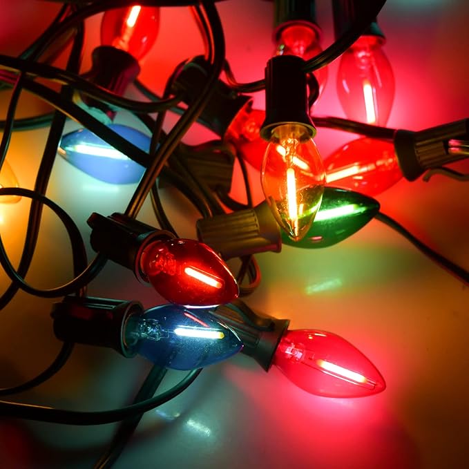 SUNSGNE 25 Feet Multicolor Christmas Lights C7 LED Outdoor Vintage Christmas Lights with 27 LED Clear Colored Bulbs(2 Spare) for Patio Porch Roofline Decorations- Green Wire