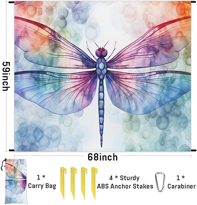 Dragonfly Animal Lightweight Beach Blanket Waterproof Sandproof 59X68 Sand Free Beach Mat with 4 Stakes Compact Outdoor Blanket for Beach Quick Drying Picnic Mat for Travel Camping