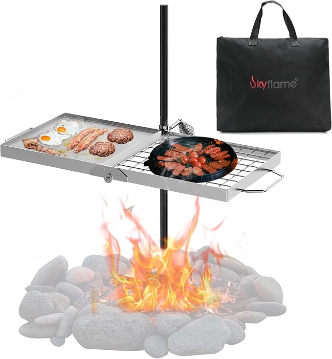 Skyflame Folding Campfire Grill Grate Stainless Steel Swivel Camping Grill Grate and Griddle with Carrying Bag Portable Outdoor Cooking Equipment for Open Flame Fire Pit Backpacking Camping
