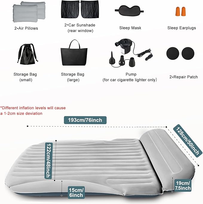 SUV Air Mattress Double-Sided Thick Flocked Car Air Mattress with Built-in Pump &amp Pillow Complete Sleeping Accessories for Auto Camping &amp Road Trips（Light Grey）