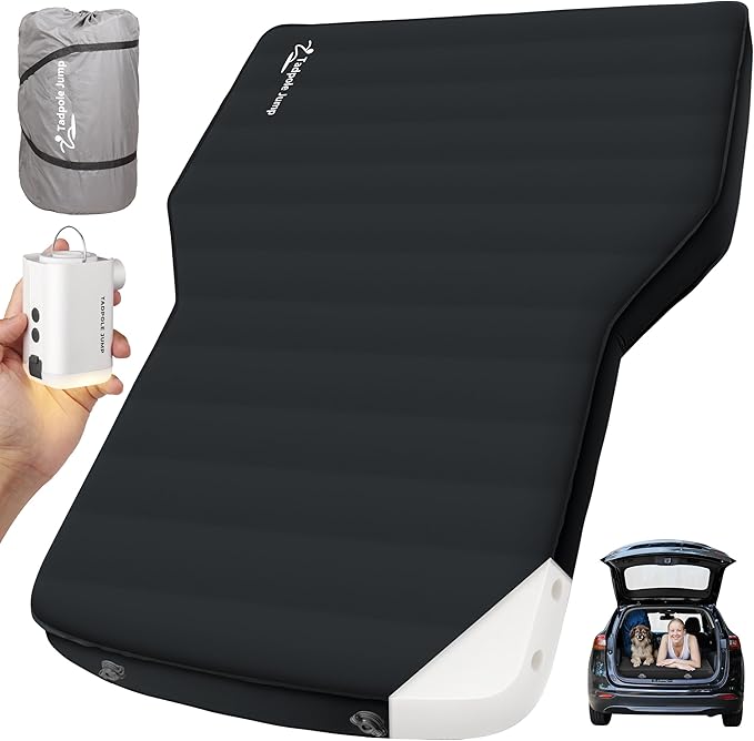 for Tesla Model Y Mattress Memory Foam 4 inch Comfortable SUV Sleeping Pad with Powerful Air Pump Inflatable Car Bed for Camping &amp Road Trips (Black+Gray)