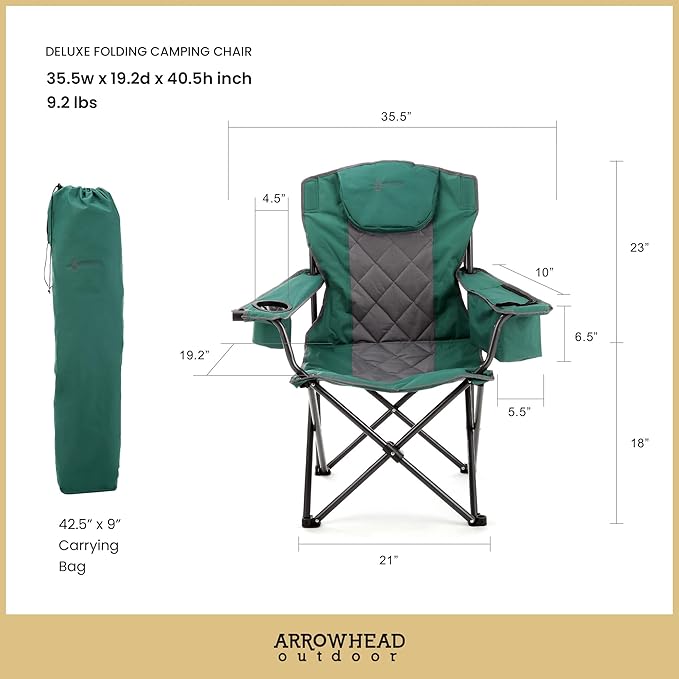 ARROWHEAD OUTDOOR Deluxe Folding Camp Chair – 550lb Capacity Heavy-Duty Quad Chair with Integrated Cooler Headrest and Dual Cup Holders.