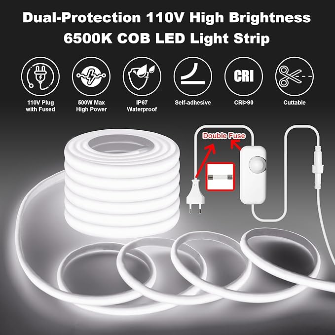 IP67 Waterproof COB LED Strip Lights AC 110V-120V Direct Plug 66FT Super Bright Outdoor Strip Lights with Double Fuse Controller 6500K White LED Strips for Garden Patio Commercial Decor