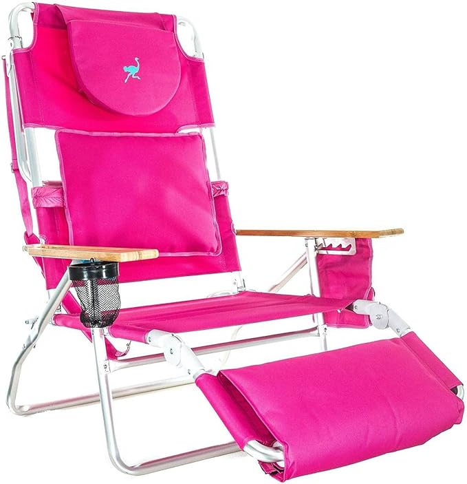 Ostrich Portable Deluxe 3-in-1 Padded Sports Chair w/5 Positions and Footrest &amp Chaise Lounge Folding Steel Frame Beach Chair w/4 Positions Pink