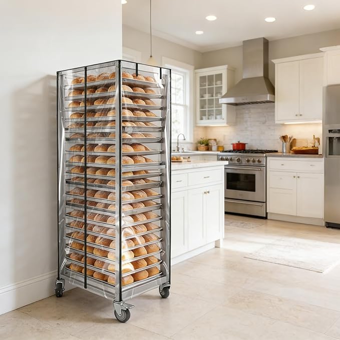Bun Pan Sheet Rack CoverBread Speed Rack Cover with ZipperCommercial Bakery Racks 23x28x61Clear PVC Waterproof Dustproof Bread rack Cover with Breathable Mesh Vent (20-Tier TPU)