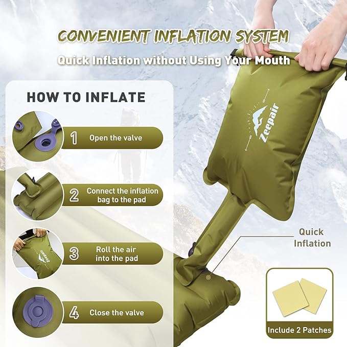 Double Camping Sleeping Pad Ultralight Waterproof Inflatable 2-Person Sleeping Mat with Inflation Bag Lightweight Portable Air Mattress for Outdoor Backpacking Hiking Car Traveling Tent (Green)