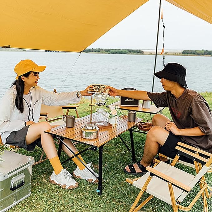 Folding Camping Table Height Adjustable Portable Imitation Wood Grain Aluminum Camp Table Desk Lightweight Durable Roll Up Picnic Tables