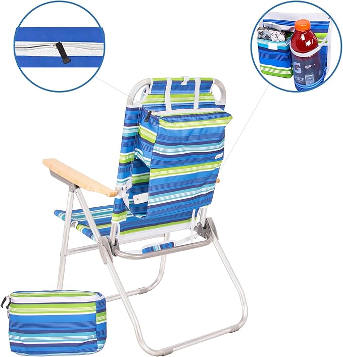 Heavy Duty Tall Beach Chair with Canopy Shade for Adults 17 High Off Ground 4-Position Reclining Insulated Cooler &amp Storage Pouch Bamboo-Finish Arms 300 lb Capacity