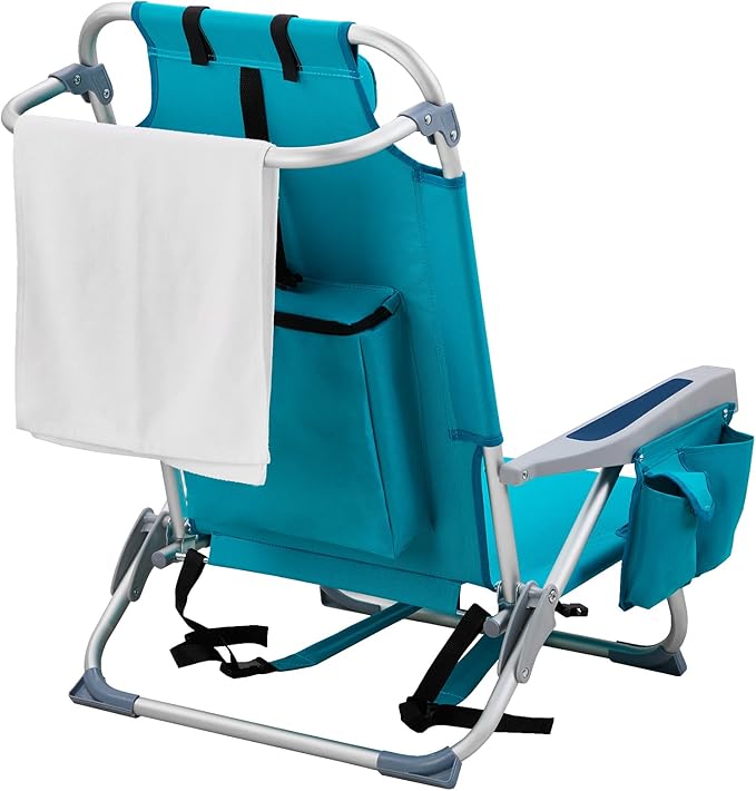 Vasitelan Outdoor Folding Backpack Beach Chair with 5 Positions Towel bar Cooler Pouch Cup HolderFolding Beach Chair with Backpack Straps (Mint Green Short)