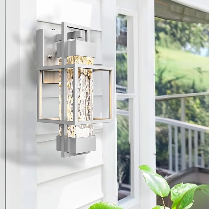 PARTPHONER Modern Outdoor Light Fixtures Dusk to Dawn Outdoor Lighting 2 Pack 15 Exterior Wall Sconce Waterproof Outside Porch Light for House with Water Glass for Garage Doorway Silver