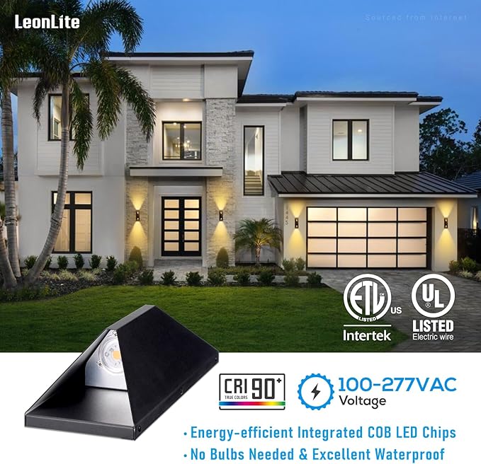LEONLITE Dimmable LED Up Down Wall Light 100-277V CRI 90+ IP65 Waterproof 10%-100% Dimmable for Commercial Outdoor 14 Inch Modern Porch Light 3000K Pack of 2