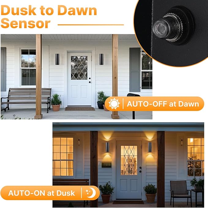 Dusk to Dawn Porch Light 1 Pack Modern Outdoor Wall Lights with Bulbs Cylinder Black Outdoor Light Fixture Wall Mount Up and Down Lighting Wall Sconce for House Porch Door
