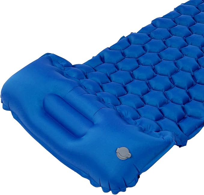 Inflatable Sleeping Pad for Camping | 40D Nylon &amp TPU Laminate Mat | Foot Press Inflation Cushion for Tent/Hiking/Travel | 3D Support 2 - Way Valve 700g Lightweight (Blue)
