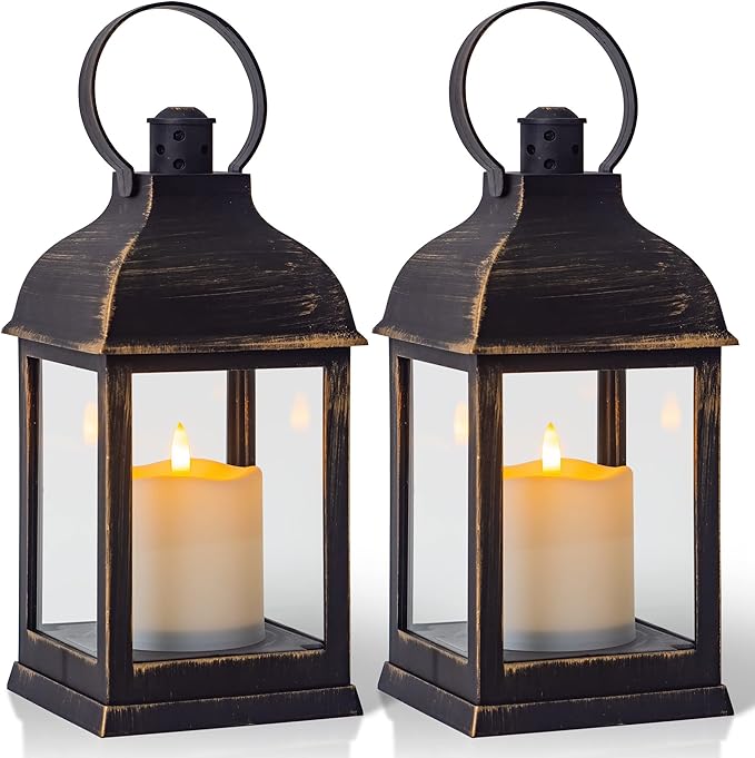 Vintage Lantern Decorative LED Flickering Flameless Candle with Timer Battery Powered LED Decorative Hanging Golden Brushed Black Lanterns for Indoor Outdoor Garden Yard Home Decor(2 Pack)