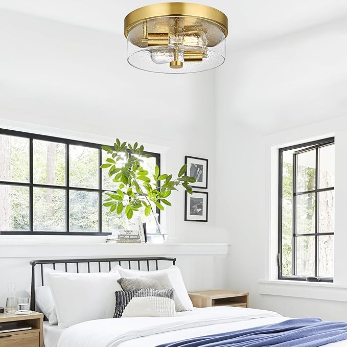 Flush Mount Ceiling Light Fixtures 2-Light Gold Ceiling Mount for Farmhouse with Seeded Glass Lampshade Industrial Flush Mount Light Fixture Farmhouse for Hallway Kitchen Entryway and Foyer