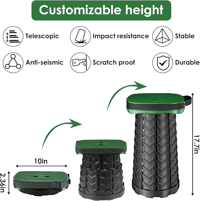 Folding Camping Stool Square Collapsible Portable Stool with Elastic Seat Cushion&amp Adjustable Nylon Bag Sturdy Lightweight Telescoping FoldableMax Load 485lb (Green)
