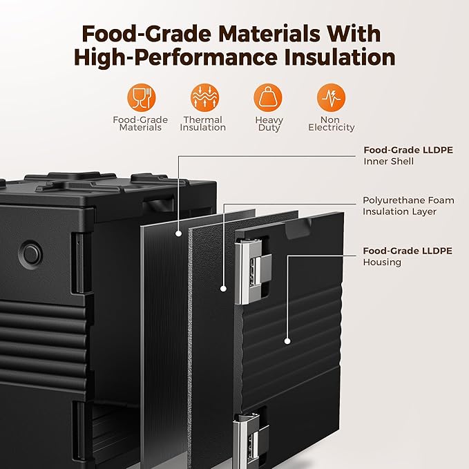 95Qt Non-Electrical Food Warmer with Wheels 304 Stainless Steel Latch Catering Food Warmers for Parties LLDPE Insulated Food Carrier for 6 Full-Size Pans(NOT Included) Hot Boxes for Catering