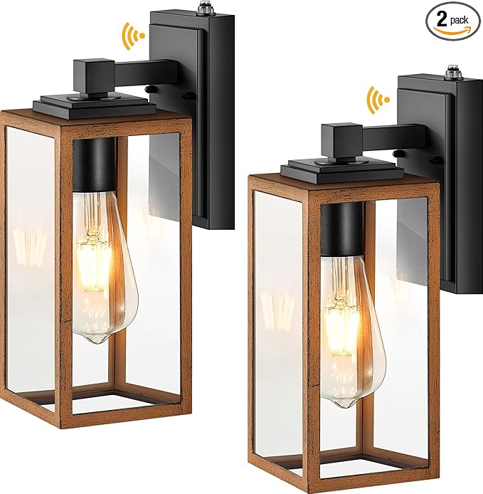 VIANIS 2 Packs Garage Light Outdoor Dusk to Dawn Outside Wall Lights Fixture for House Wood Grain Coach Lantern with Toughened Glass Farmhouse Sconce Wall Mount for Entryway Hallway Garage