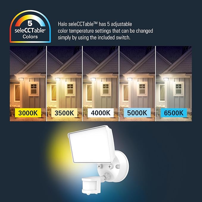 HALO FGS Ultra Bright Outdoor LED Security Floodlight 120-227V w/CCT &amp Lumen Select Motion Activation - White FGS60CLMTNW
