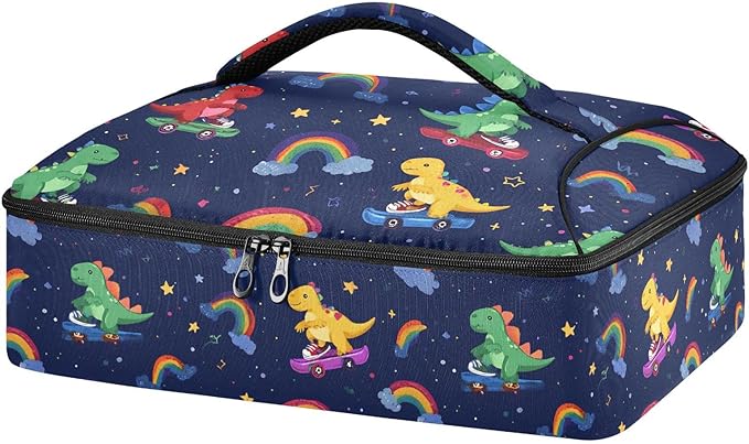 Casserole Carrier Cute Dinosaurs Riding SkateboardsInsulated Casserole Carrier for Hot or Cold Food Thermal Lunch Tote for Potluck Parties Picnic Beach Fits 9 x 13 Inches Baking Dish