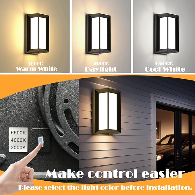 Black Modern Wall Mount Lights IP65 Aluminum Outdoor Porch Light 12W 3000K-6000K 2 Pack Exterior Wall Sconces for House Backyard Hallway