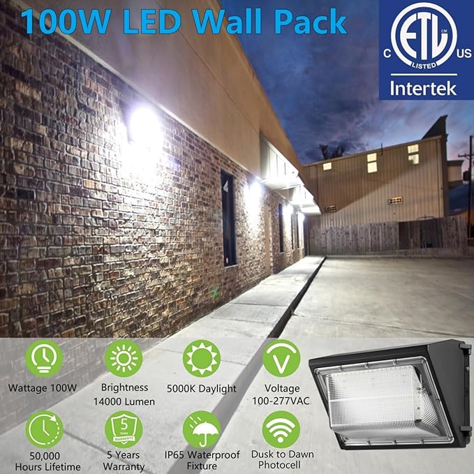 2PACK Dusk to Dawn 100W LED Wall Pack Light Fixture 13000LM 400-600W HPS/HID Equivalent 5000K Daylight Commerical/Industrial Outdoor Security Lighting ETL for Parking LotWarehouseEntrance