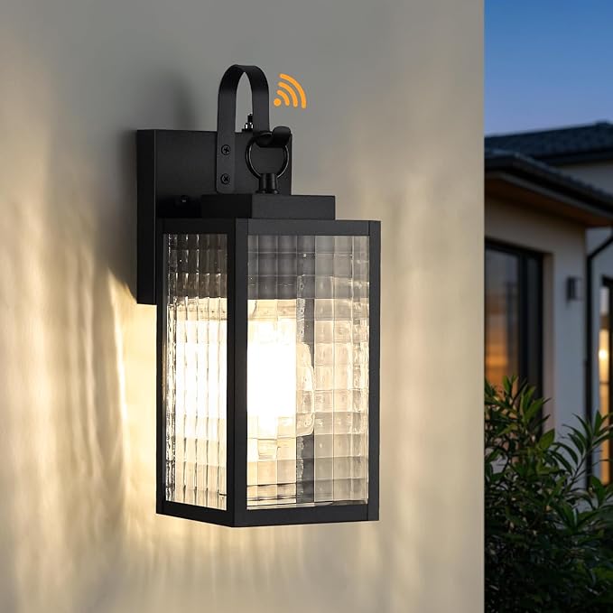 11.8-inch Dusk to Dawn Outdoor Lighting with Checkered Glass IP65 Waterproof All-Metal Black Exterior Light Fixture Outdoor Porch Light for Front Door Garage Patio