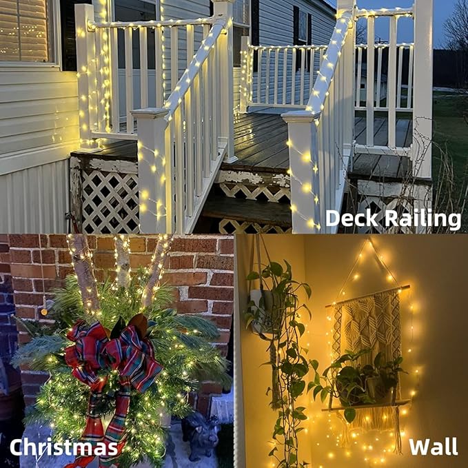 YEGUO 4 Pack Warm White Solar Fairy Lights Each 33ft 100 LED Valentines Lights Outdoor Waterproof 8 Modes Sliver Wire Solar String Lights