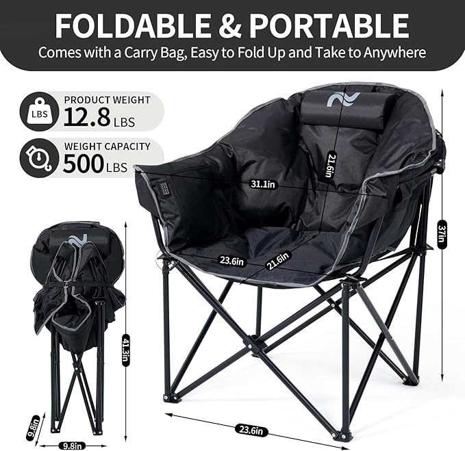 2 Pack Oversized Heated Camping Chair 3 Heating Levels Soft Padded Camp Chairs with Pillow and Storage Bag Portable Folding Outdoor Heated Moon Chair for Lawn Patio Beach and Picnics Black
