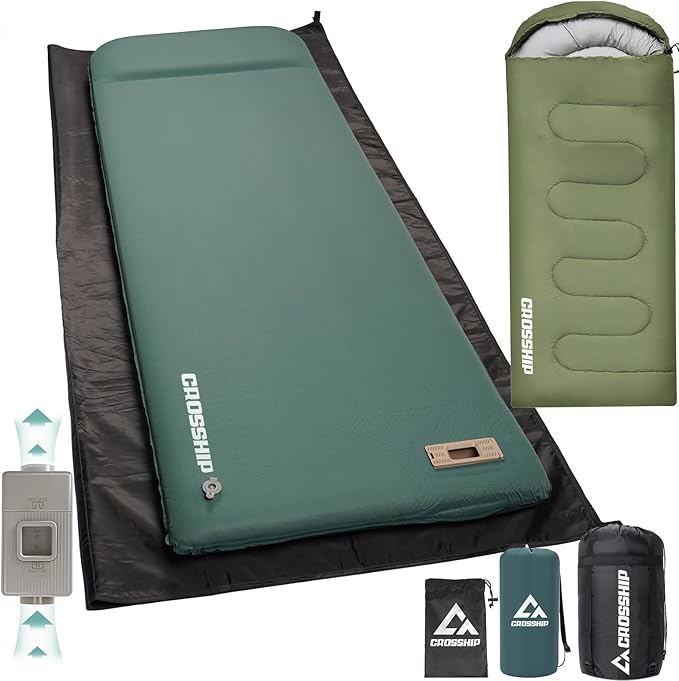 3-Piece Camping Sleep System with Self Inflating Sleeping Pad Waterproof Tarp &amp Sleeping Bag Built-in Pump 3.2 Thick Tent Mattress R-Value 9.5 All-Season Gear for Backpacking