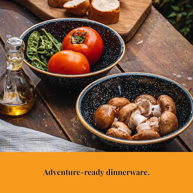 Granite Ware 12-Piece Outdoor Set Enameled Steel Perfect for Camping &amp Picnics - Speckled Black with Color Rim