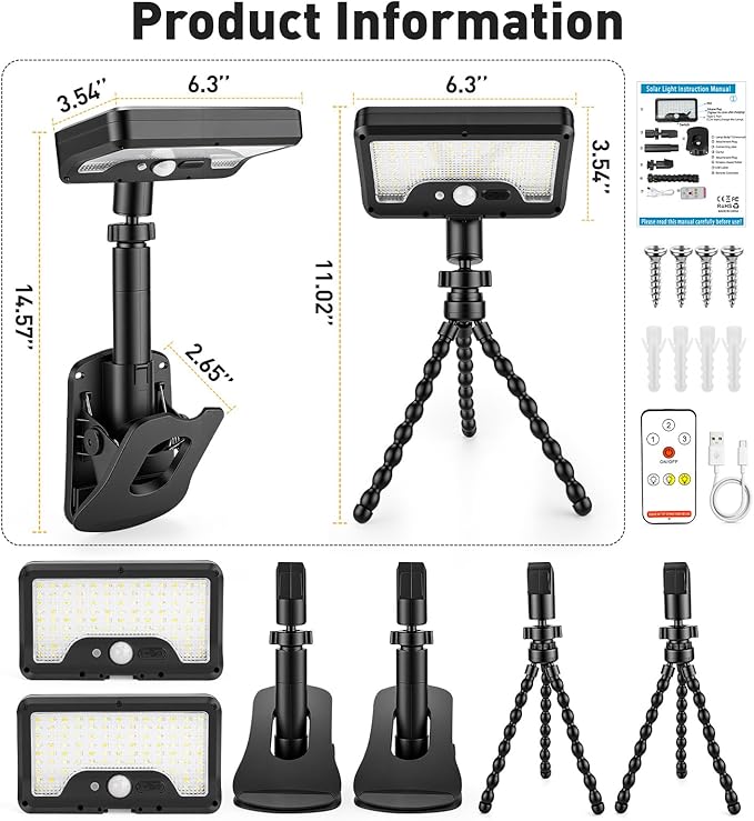 2 Pack Clip On Solar Lights Outdoor with Octopus Tripod 3 Color Temps &amp Remote Control Motion Sensor Fence Lights Solar Powered IP65 Waterproof Security Light for Outside Deck Gutter Camping