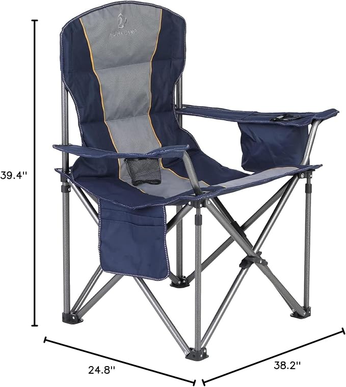 HIGH POINT SPORTS Oversized Portable Folding Camping Chair Blue 450 LBS Support Sports Lawn Chair with Cup Holder and Cooler Bag