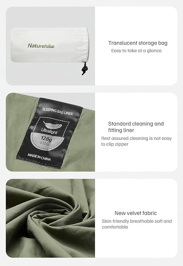 Naturehike 4.5oz Ultralight Sleeping Bag Liner Washable Travel Sheets for Adults Soft &amp Compact Lightweight Sleep Sack Adult for Backpacking Hotel Camping Hostels