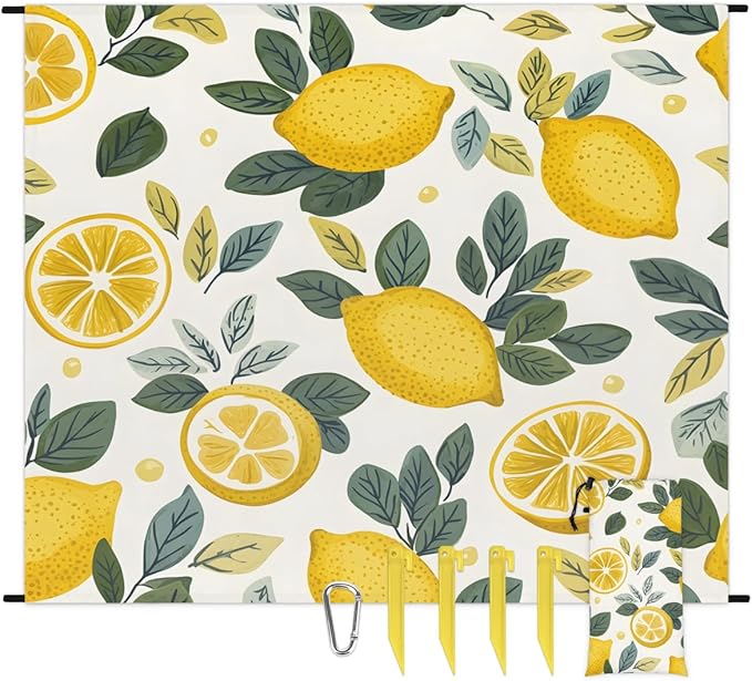 Waterproof Sandproof Beach Blanket 59''×68'' Lemon Drawing Polyester Outdoor Picnic Blanket with 4 Stakes &amp Storage Bag for BeachCampingVacation Fruit