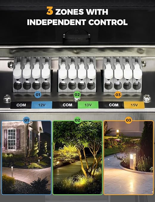 COLOER 300W 2.4GHz Wi-Fi Low Voltage Landscape Lighting Transformer Smart Low Voltage Transformer with 3 Zones 120V AC to 12V/13V/15V AC Stainless Steels Weatherproof Power Pack for Outdoor Lights