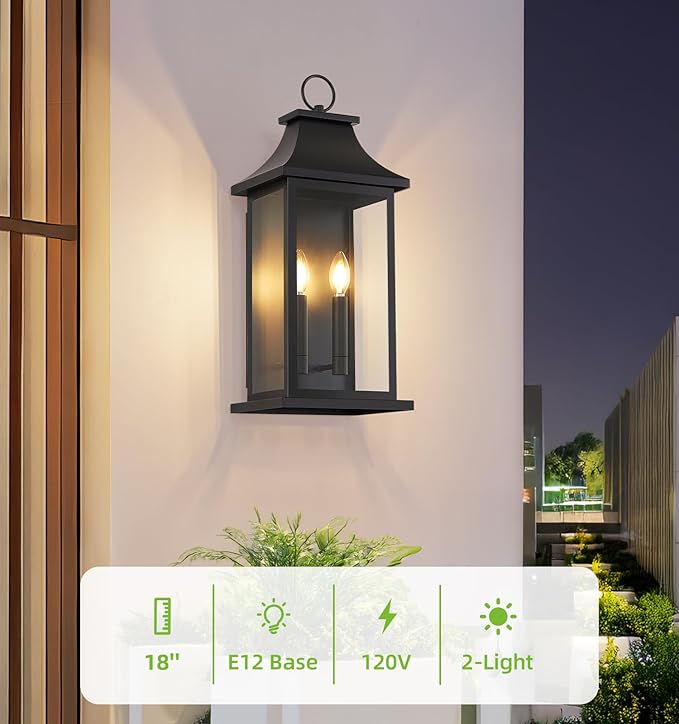 tewei 18'' Large Outdoor Wall Light Porch Light Outdoor Wall Sconce Lantern 2-Light Black Exterior Lighting Fixture Wall Mount Outside Light for House Garage 2-Pack