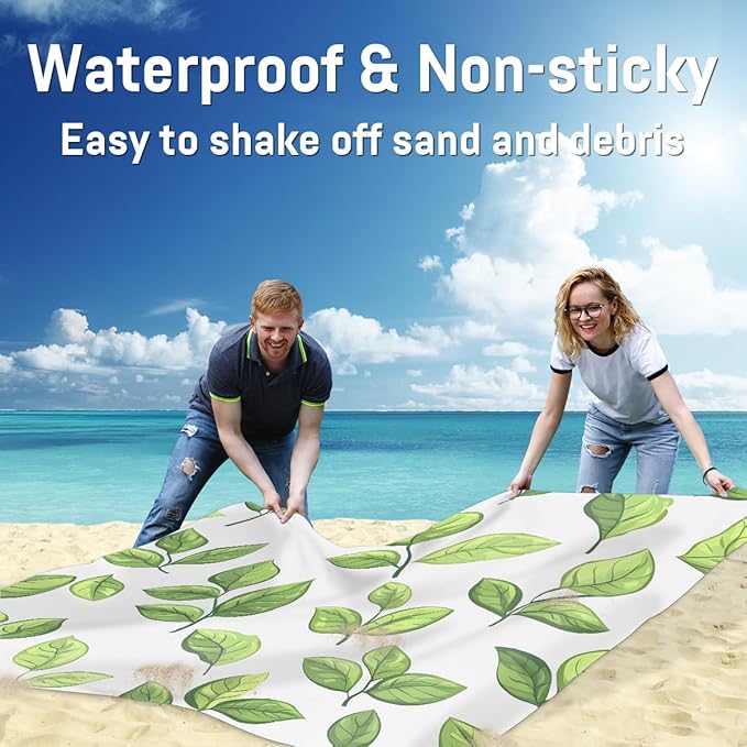Waterproof Sandproof Beach Blanket 59''×68'' Elliptic Leaves Polyester Outdoor Picnic Blanket with 4 Stakes &amp Storage Bag for BeachCampingVacation White