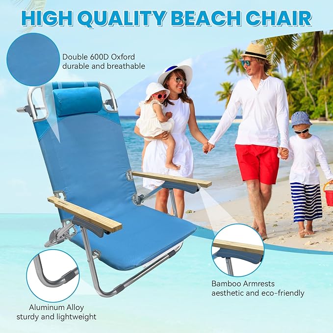 2 Pack Low Backpack Beach Chair with Folding Bamboo Table for Adults 5-Position Lay Flat Reclining Chair Lightweight with Cooler Bag Supports 265 lbs