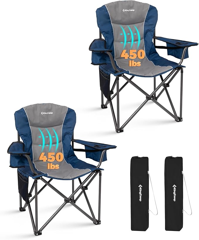 KingCamp Oversized Camping Folding Chair Heavy Duty 450 LBS with Lumbar Support Padded seat with Cup Holder&ampCooler Bag Ideal for Camp Fishing Sports Event Backyard Patio Lawn(Blue/MediumGr