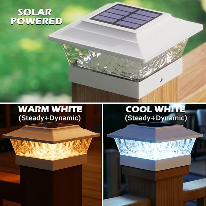 SIEDiNLAR Solar Post Lights Outdoor 12 LEDs 4 Modes Post Cap Light for 4x4 5x5 6x6 Vinyl Wooden Deck Fence Posts Garden Patio Decor Warm/Cool White Dynamic Lighting (6 Pack White)