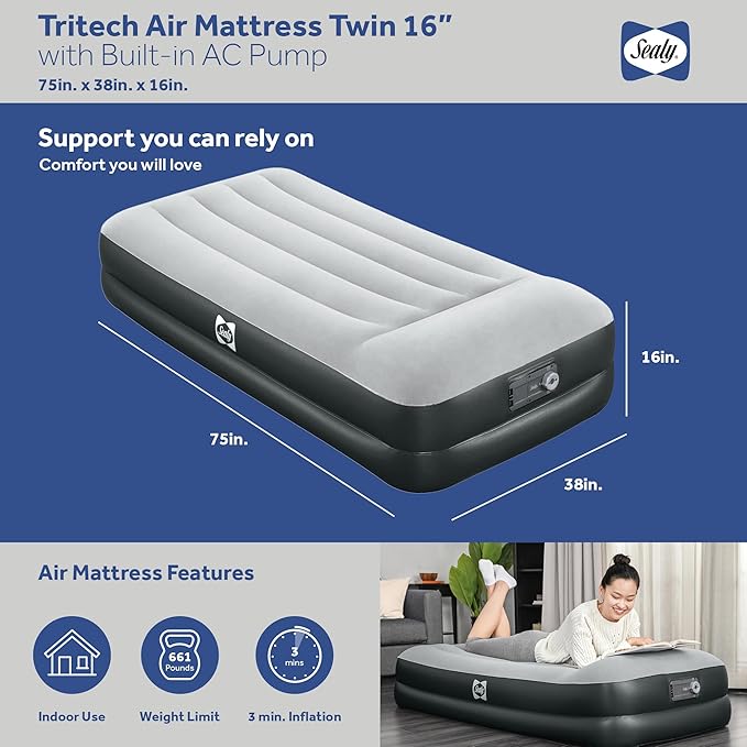 Sealy Tritech 16” Inflatable Air Mattress Bed with Built-in Pump Storage Bag and Repair Patch for Indoor and Outdoor Use Twin