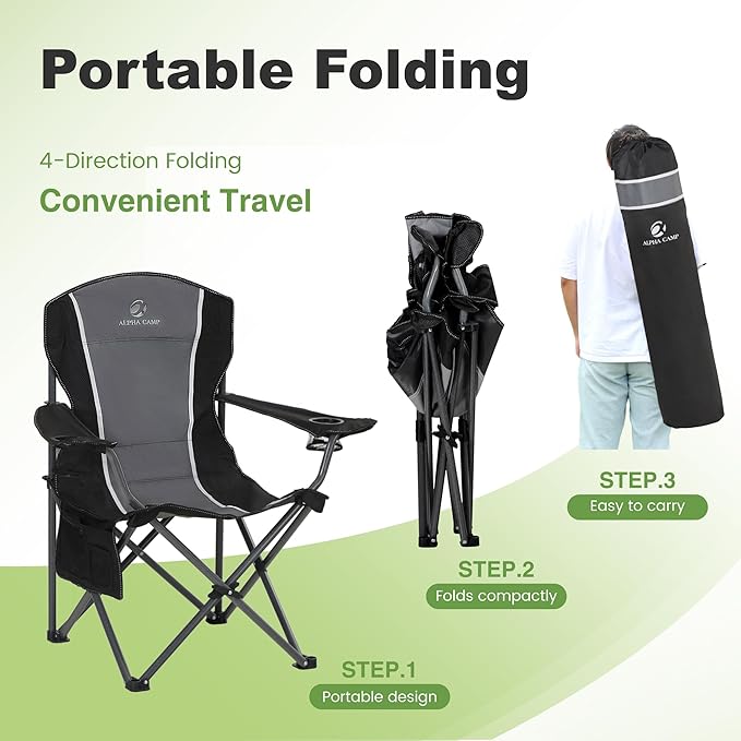 LET'S CAMP Oversized Outdoor Folding Camping Chair Heavy Duty Arm Chair with Cup Holder and Storage Bag 350 LBS Weight Capacity Grey