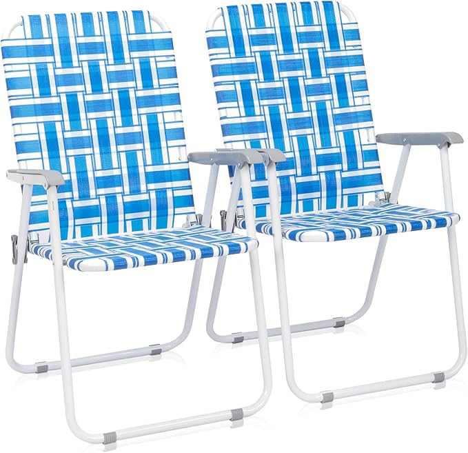 Vasitelan Patio Lawn Chairs Folding Chairs Set of 2 Webbed Folding Chair Outdoor Beach Chair Portable Camping Chair for Yard Garden (Blue 1)
