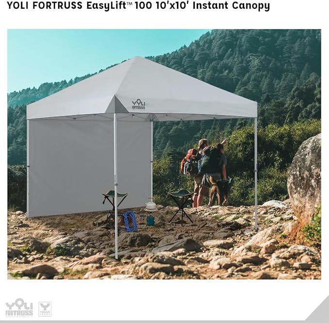 YOLI FORTRUSS EasyLift 10’x10’ Pop Up Instant Canopy with Reinforced Y-Truss Frame 99% UV Protection Water Resistant &amp Fire-Retardant Top 4 Height Settings with Sidewall and Wheeled Carry Bag