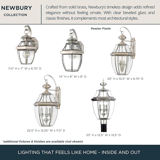 Quoizel Newbury 20 Outdoor Wall Lantern 2-Light Pewter with Clear Beveled Glass E12 Base French Country Style