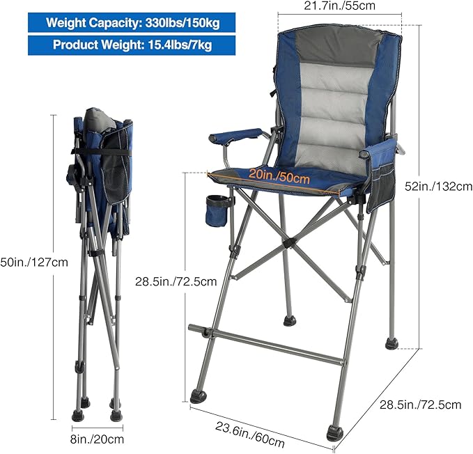 REDCAMP Oversized Tall Camping Chair for Adults 330lbs Portable High Folding Directors Chair Foldable Bar Height Stool with Side Pocket for Lawn Sport Blue