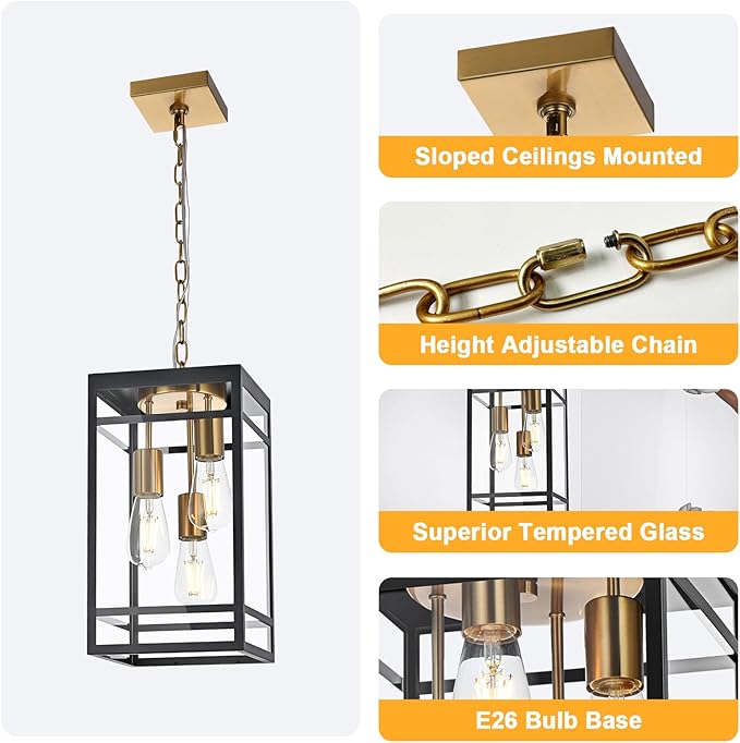 3-Light Outdoor Pendant Lights for Porch Black &amp Brushed Brass Outdoor Chandelier 16'' Exterior Hanging Porch Light Fixtures w/Clear Glass Waterproof Outside Pendant Lantern for Garage