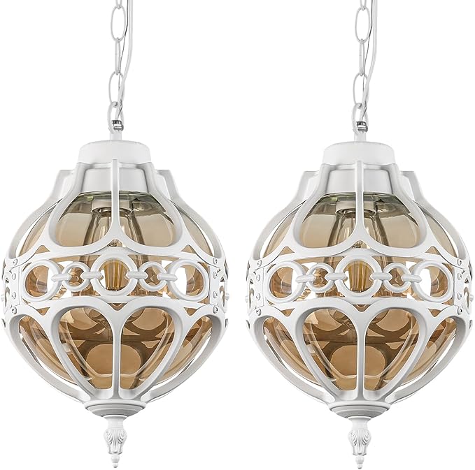 Globe Outdoor Pendant Lights White Aluminum Waterproof Hanging Light Fixture for Porch Entryway Hallway Vintage Round Exterior Chandelier Outside Pendant Lamp with Amber Glass 2 Pack